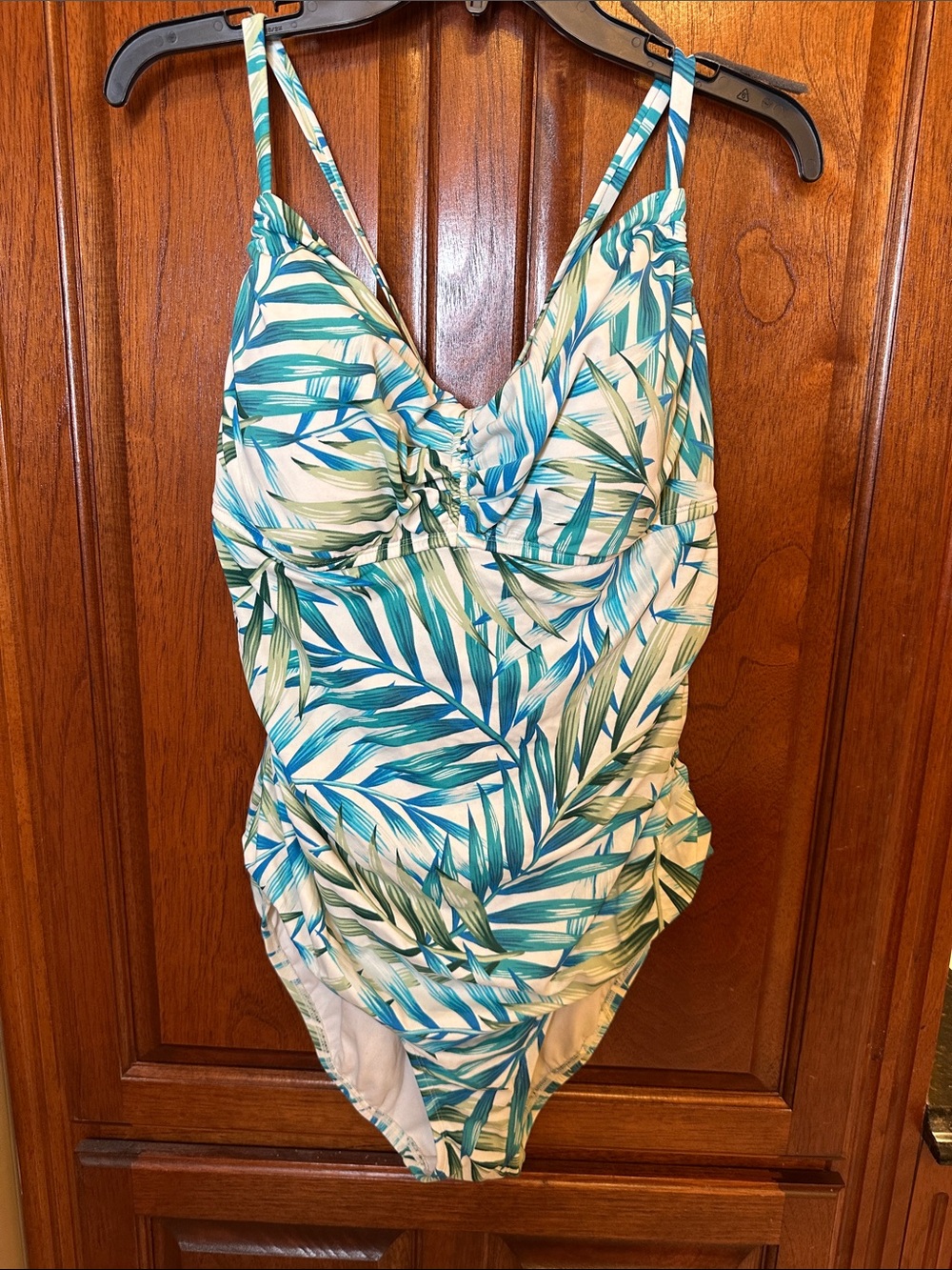 Time and Tru Tropical Leaf One-Piece Swimsuit - Blue & Green